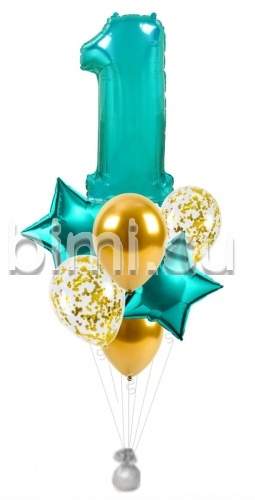 Фонтан из воздушных шаров с Бирюзовой цифрой и золотом