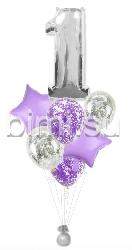 Фонтан из воздушных шаров с Серебряной цифрой и фиолетовым