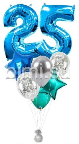 Фонтан из воздушных шаров с Синими цифрами, серебром и бирюзовым