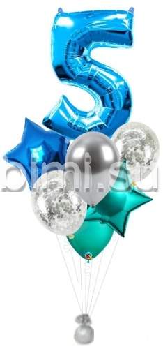 Фонтан из воздушных шаров с Синей цифрой, серебром и бирюзовым