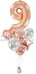 Фонтан из воздушных шаров с цифрой Розовое золото и серебром