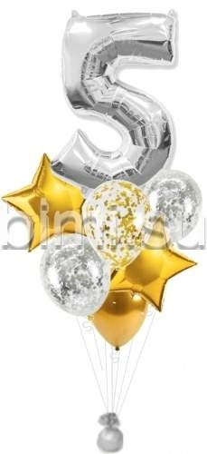 Фонтан из воздушных шаров с Серебряной цифрой и золотом
