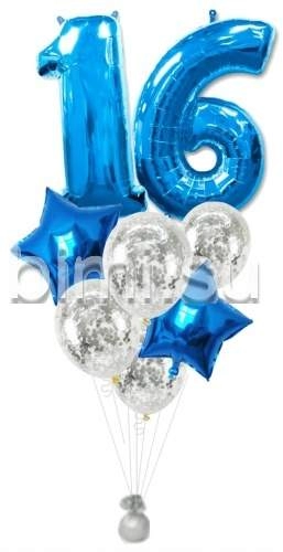 Фонтан из воздушных шаров с Синими цифрами и серебром