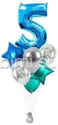 Фонтан из воздушных шаров с Синей цифрой, серебром и бирюзовым
